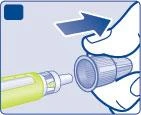 Medical illustration showing a hand inserting a yellow injection pen into a body part following the direction of a blue arrow