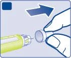 Two hands removing a protective cap from a medical injection pen with a blue arrow indicating movement to the right
