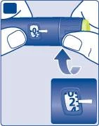 Two hands holding a blue medical device with a display showing zero and a curved arrow indicating a downward rotation movement