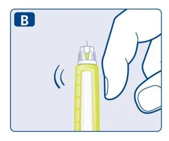 A hand holding a yellow and white injection pen vertically with curved lines indicating vibration or an audible signal