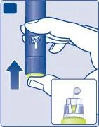 A hand holding a blue and white injection pen with an arrow pointing downward