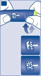 Diagram showing the medical device with numbers 02, 46, and 24 displayed on small blue screens with arrows pointing upward