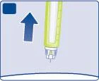 Medical illustration of an injector device in green and white with a blue arrow pointing upward