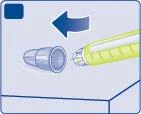 A blue arrow indicating the movement of a protective cap being removed from the device