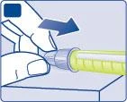 A hand pressing down the cap of a syringe containing yellow liquid following the direction of a blue arrow toward the base