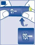 Two hands holding a blue injection pen with a display showing zero and an arrow indicating transition to value 52 in the lower box