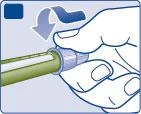 A hand grasping and rotating downward the cap of a cylindrical medical device in green and light blue