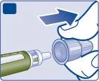 Medical illustration showing a hand moving an injection pen toward the upper thigh for injection preparation