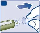 Two hands holding a syringe and cap to separate components with a blue arrow indicating movement to the right