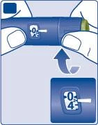 Two hands holding a blue medical device with a display showing 0.4 and a white curved arrow pointing upward