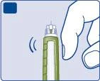 A hand holding a cylindrical medical device in green and white with stylized vibration lines next to the top part