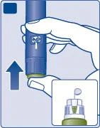 A hand gripping a blue injection pen with the thumb pressing the button and a magnified detail of the device tip