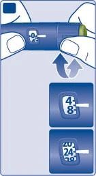 Diagram showing hands holding a blue medical device with numerical indicators changing from 0 to 48 and finally to 24