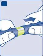 Two hands holding a cylindrical medical device in blue and yellow, with an arrow indicating a sliding motion to the right
