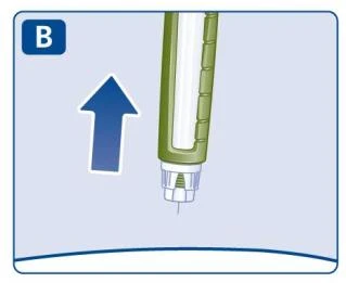 Green and white medical device with a blue arrow pointing upward