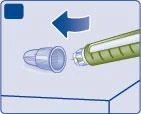 Illustration of an injection pen being inserted into a transparent protective cap indicated by a blue arrow pointing to the left