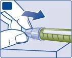Hands wearing white gloves holding a green and light blue injection pen on a flat surface with a blue arrow indicating movement
