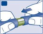 Two hands holding a cylindrical medical device in blue and white and rotating it to the left following the direction of a blue arrow