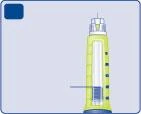 Pre-filled syringe with transparent liquid and side graduations on a light blue background with a small blue square in the upper left corner