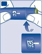 Illustration of an injection pen with a display showing 0 and a magnified detail of the display showing the number 52