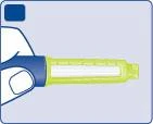 A hand gripping a horizontal medical device in blue and light green with a transparent central section on a lilac background