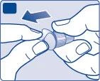 Two hands rotating and removing a protective cap from a medical device following the direction of a blue arrow pointing to the left