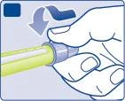 A hand rotates the top part of a cylindrical medical device in yellow and light blue following the direction of a white arrow