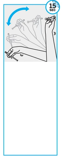 Secuencia de dibujos que muestra el movimiento rotatorio de una mano que sostiene una jeringa durante 15 segundos con una flecha azul curva