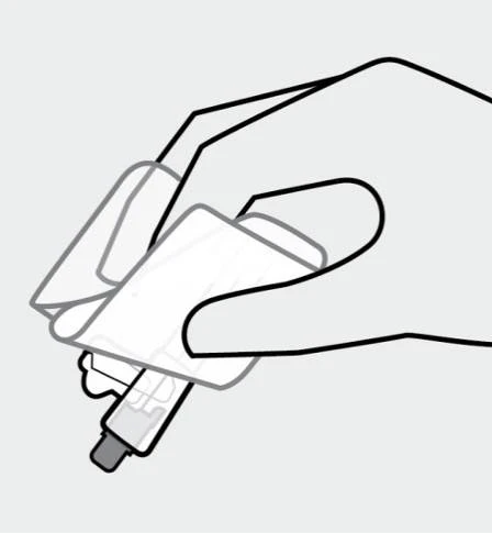 Dibujo lineal de una mano que sostiene y mantiene firmemente un dispositivo médico en forma de pluma para la