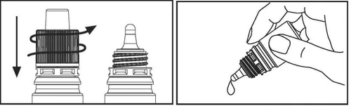 Technical drawing showing how to unscrew the cap of a bottle with a rotating arrow and a hand tilting the container to dispense a drop