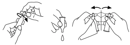 Three line drawings showing hands rotating a device, holding it upside down to dispense a drop, and opening it sideways with arrows
