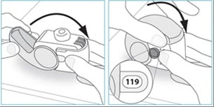 Two illustrations show hands rotating the upper part of a medical device with a black arrow indicating rotational movement