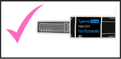 Розовая галочка рядом с предварительно заполненным шприцем Tyenne 162 мг с тоцилизумабом для подкожной инъекции на белом фоне
