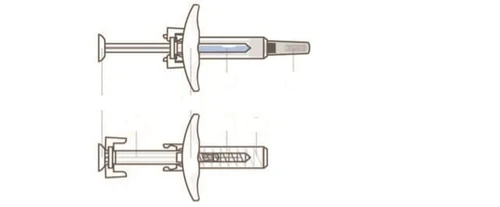 Horizontal technical diagram of a two-step medical injection pen showing the internal mechanism and plunger for injection