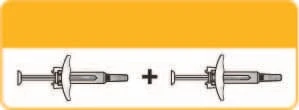 Schematic drawing of two grey syringes placed horizontally, separated by a plus sign, on a white background with a yellow border