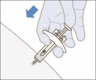 A hand holding a pre-filled syringe with a white safety device and a blue arrow indicating the direction of administration
