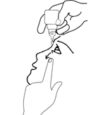 Line drawing showing a hand applying eye drop solution into the eye