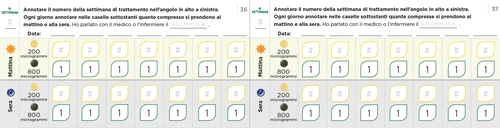 Tabela monitoringu dziennego z wierszami na dawkę poranną i wieczorną 200 lub 800 mikrogramów oraz pola do notowania zażytych tabletek