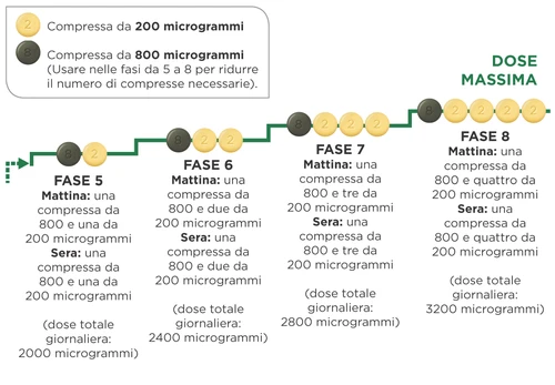 Schemat graficzny dawkowania leku z ciemnymi tabletkami 800 i jasnymi 200 mikrogramów podzielony na cztery etapy z rosnącymi dawkami dziennymi