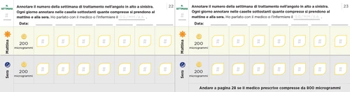 Tabela monitoringu tygodniowego z polami do notowania dawek 200 mikrogramów rano i wieczorem dla każdego dnia tygodnia
