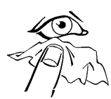Dibujo estilizado en blanco y negro de un ojo mirando hacia abajo mientras un dedo presiona sobre un pañuelo de papel debajo del ojo