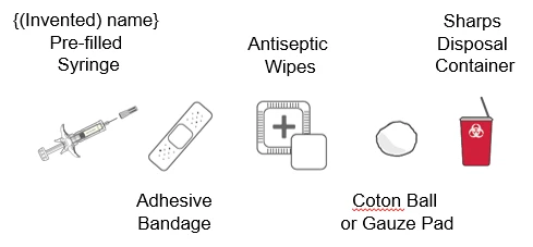 Pre-filled syringe, adhesive bandage, antiseptic wipes, cotton ball or gauze, and sharps disposal container