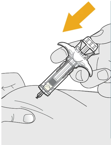 A hand holding a medical device shaped like a syringe to inject its contents into the skin of the body, with an orange arrow indicating direction