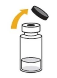 Diagram showing a glass vial with transparent liquid and a dark cap being removed following a yellow curved arrow