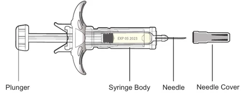Diagram of a syringe with plunger, barrel labeled with expiration date, needle, and its protective cap, separated by indicator lines