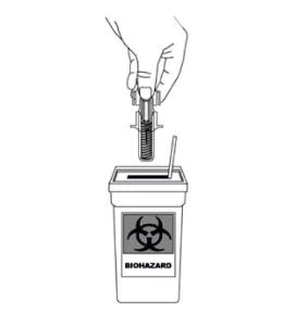 Ręka trzyma pojemnik na igły nad pojemnikiem na odpady biologiczne ze symbolem zagrożenia biohazard
