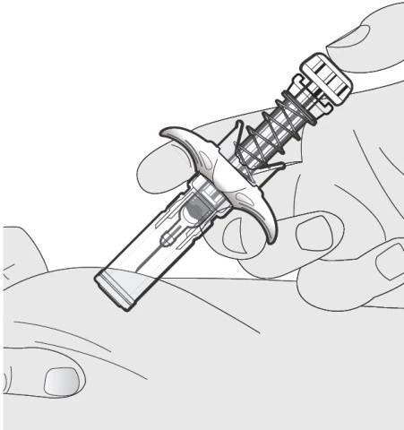 One hand holds a prefilled syringe with a spring-loaded injection device