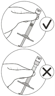 Dos diagramas circulares muestran una mano sosteniendo una jeringa con una marca de verificación verde arriba y una cruz negra abajo