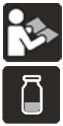 Icono blanco sobre fondo negro de una persona leyendo un prospecto y un frasco de medicamento con líquido dentro