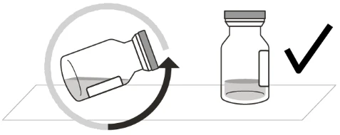 Diagrama que muestra un frasco con un movimiento rotatorio de inclinado a vertical para indicar la posición correcta del recipiente con marca de verificación